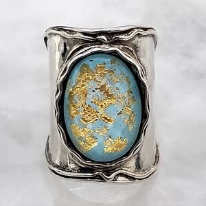 Didae Israel 925 Sterling Silver Turquoise & Faceted Quartz Gold Leaf Ring